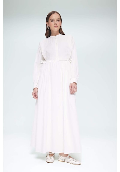 DeFacto Relax Fit Bisiklet Yaka Kuşaklı Poplin Uzun Kollu Maxi Tesettür Elbise F1382AX25SMER105