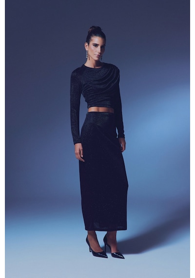 Sateen Simli Midi Etek - Siyah-135382 Siyah