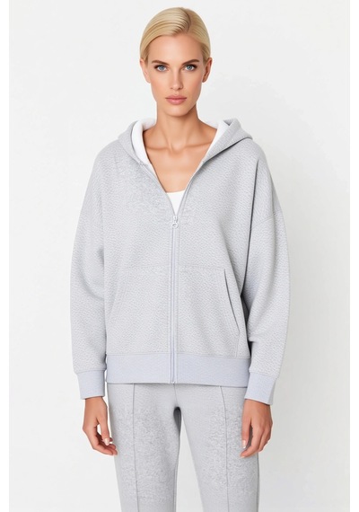 Benerly Kadın Kapüşonlu Fermuarlı Düşük Kol Örme Sweatshirt Fonksiyonel D Gri