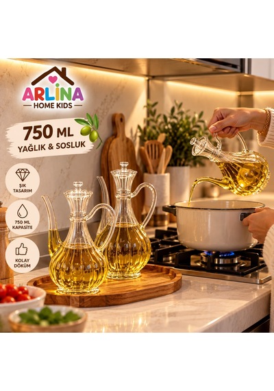 2'li 750 Ml Çizgili İbrik Model Cam Yağlık Seti-akasya Standlı