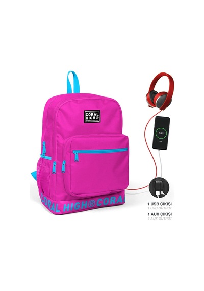 Coral High Nakış Logolu Usb Şarjlı Kulaklık Çıkışlı Pembe Sırt Çantası