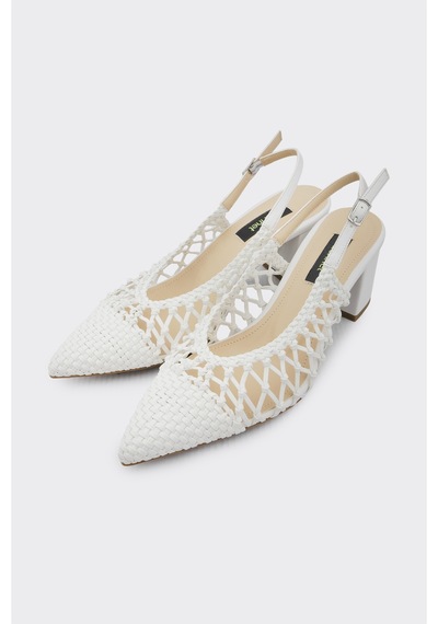 Derinet Örgü Desenli Kadın Topuklu Ayakkabı Beyaz Beyaz