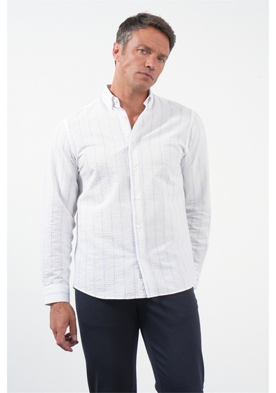 İmza Beyaz-mavi Yumuşak Yaka Uzun Kol Slim Fit Pamuklu Gömlek 1004260259 Beyaz - Mavi