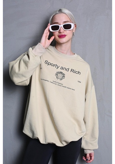 Bej Bisiklet Yaka Baskılı Oversize Kadın Sweatshirt Mg1577