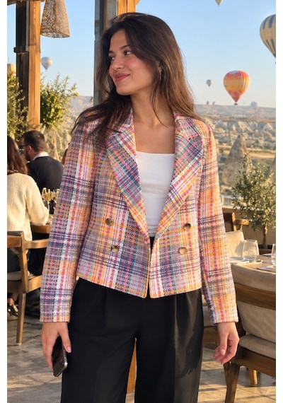 Armonika Kadın Sarı-fuşya Kruvaze Yaka Tüvit Crop Ceket Arm-24k001014
