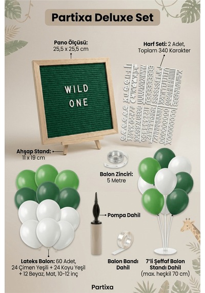 Safari Jungle Doğum Günü Süsleme Deluxe Set Keçe Yazı Panosu Standlı Pompa Balon Zincirli 7 Li Şeffaf Balon Standlı 3+ Yaş