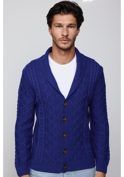 Tudors Slim Fit Dar Kesim Desenli Yumuşak Dokulu Düğmeli Sax Mavi Erkek Hırka-29570-sax Mavi Saks