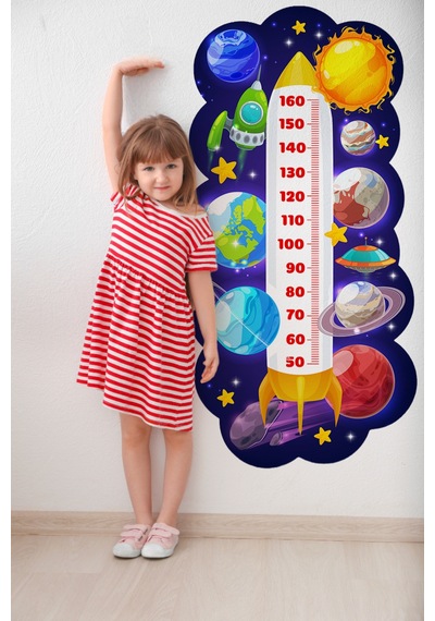 Gezegenler Temalı Dekoratif Çocuk Boy Ölçer Sticker Duvar Cetveli Takip Çizelgesi Figür 2 Lacivert