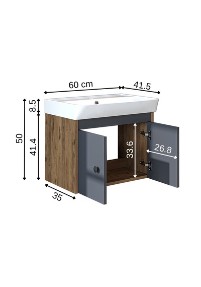Ada Lavabolu Mat Suntalam Banyo Alt Dolabı 60 Cm Atlantik Çam - Antrasit