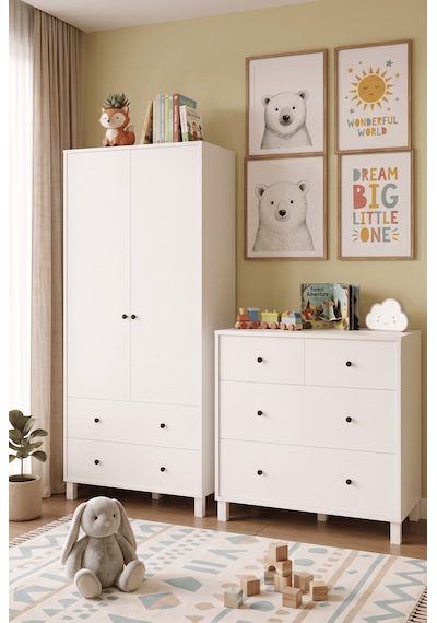 Robin Home Lena Bebek Çocuk Odası Takımı Geniş Şifonyer 4 Çekmeceli + Gardrop Gardırop Elbise Dolabı Beyaz
