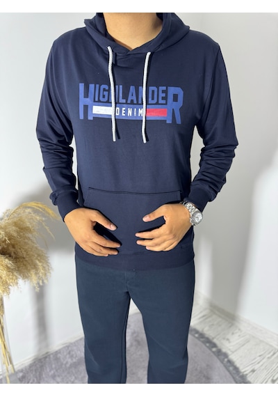 Say-Has Fashion Kapüşonlu Göğüs Baskılı Sweatshirt Lacivert