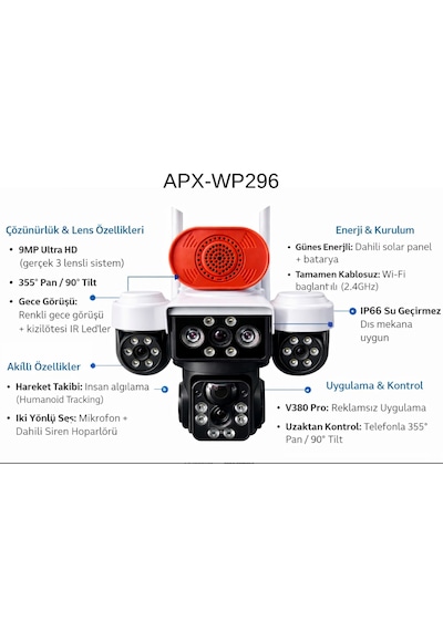 Apronx Apx-wp296 9mp 3.6mm Solar Wifi Üç Kamera 24 Led Ptz V380pro
