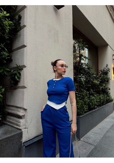 Byb Moda Tasarım Düğme Yakalı Saks Alt Üst Takım S3943 Saks