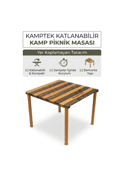 Kamptek Ahşap Rulo Katlanabilir Kamp Piknik Plaj Balkon Masası Renkli 60 60 50 Kahverengi
