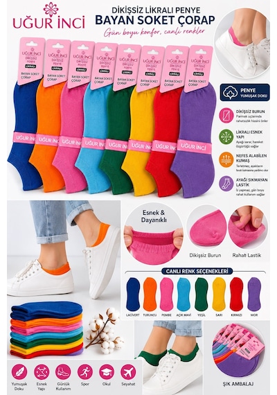 Uğur İnci Dikişsiz Likralı Penye Bayan Soket Çorap Renkli Seri Esnek, Yumuşak Dokulu, Günlük Kullanım Sneaker Çorabı 6 Mor