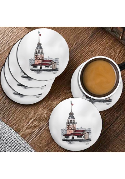Valerine Life Kız Kulesi Figürlü Yıkanabilir Kaydırmaz Ofis Çay Ve Fincan Bardak Altlığı 10x10cm 6 Adet Siyah