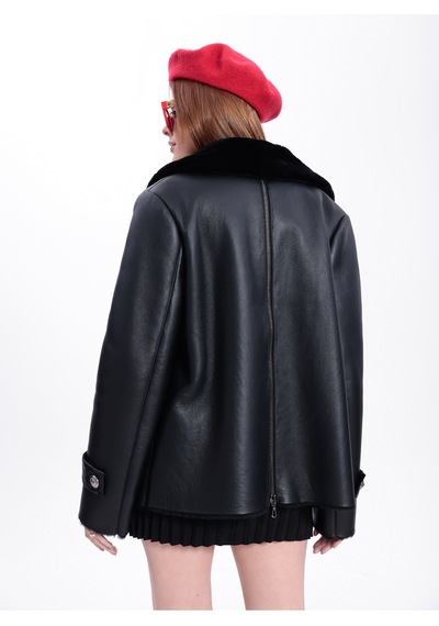 M M Marki Marki Hakiki Deri Kadın Mont Siyah İçi Kürklü Kruvaze Düğmeli Blazer Model 70 Cm - 120522