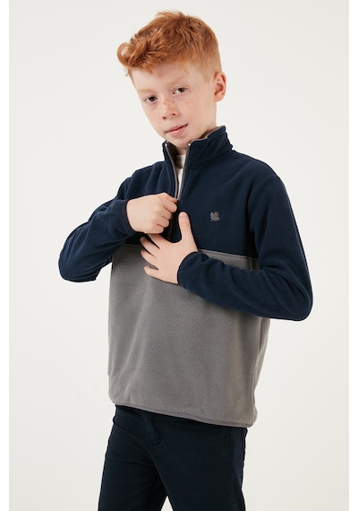 Lela Yumuşak Dokulu Yarım Fermuarlı Renk Bloklu Dik Yaka Unisex Çocuk Polar 5905004 Lacivert-Gri