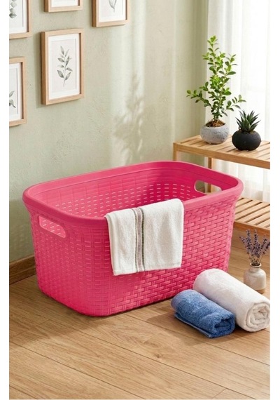 Pembe, Hasır Desenli Plastik Çamaşır Selesi - 25x35x53cm