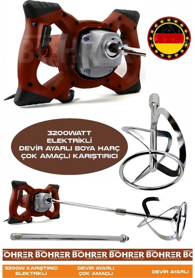 Böhrer Hb0404t Alman 3200w Devir Ayarlı Çift Şanzıman Yeni Nesil Elektrikli Boya Harç Çok Amaçlı Red Karıştırıcı