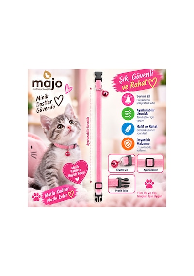 Baron Pet Kedi Boyun Tasması Zilli Ayarlanabilir Güvenlik Tokalı Kadife - Pembe