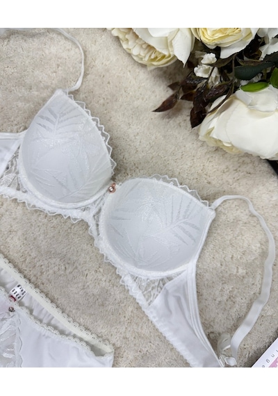 Le Jardin Parlak Simli İpli Brodeli Push-up Sütyen Külot Takım-50 Ekru