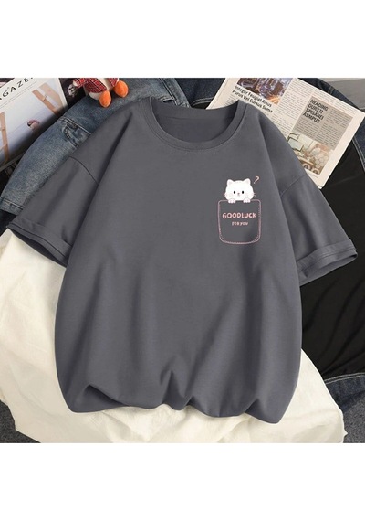 Flood Of Style Kadın Füme Good Luck Baskılı Oversize Gri