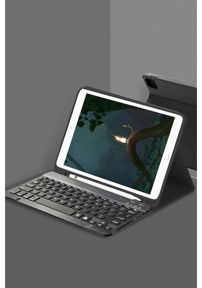 Apple Uyumlu İpad 5 Air 9.7 Kılıf Kc01 Smart Klavyeli Tablet Kılıfı - Siyah Arka Kapak