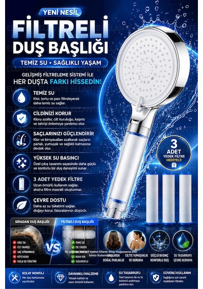 Yeni Nesil 5 Fonksiyonlu Filtreli Duş Başlığı Yüksek Basınç & Su Tasarruflu Geniş Başlık Çok Renkli