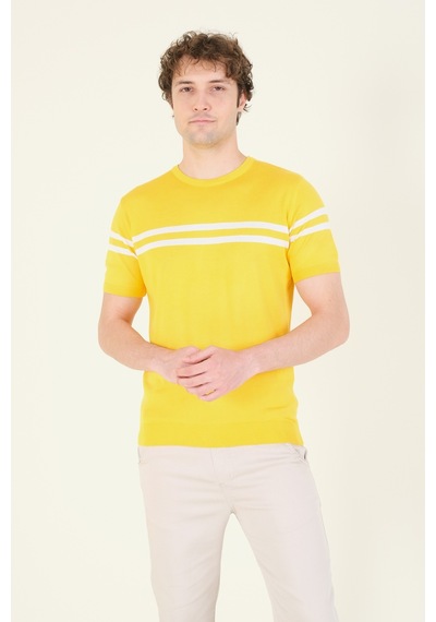 Giyim Dünyası Erkek Sıfır Yaka Çizgili Merserize T-shirt Sarı 001