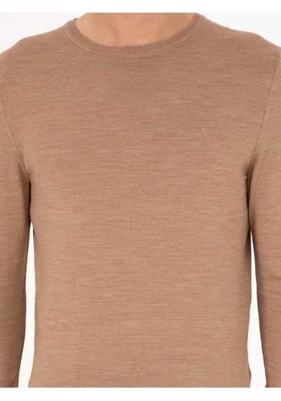Cacharel Camel Slim Fit Bisiklet Yaka Yün Karışımlı Basic Triko Kazak Kahverengi