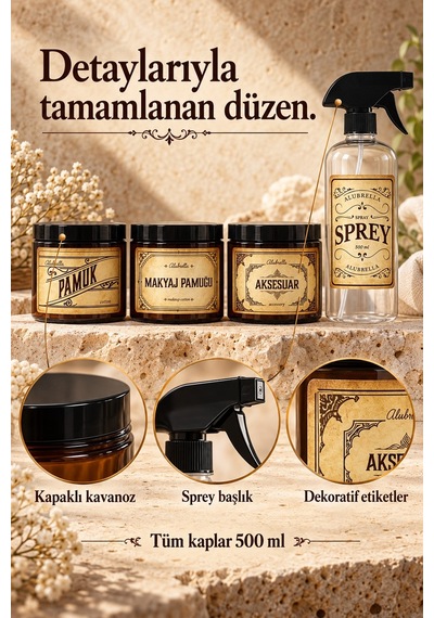 Alubrella 500 Ml 2 Amber Pompalı Şişe, 2 Kapaklı Kavanoz Ve Şeffaf Sprey Şişe Etiketli Set