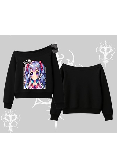 Startmore Kayık Yaka Sweatshirt Hello Anime Kız Sevimli Karakter Baskılı Siyah