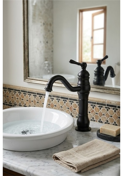 Çanak Rustik Lavabo Bataryası Siyah Uzun Siyah