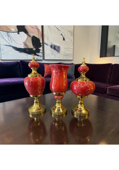 Royal Red Marble Dekoratif Vazo & Obje Seti Gold Detaylı Lüks Salon Aksesuarı 3 Lü