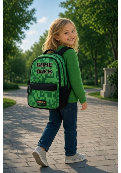 Minecraft 3772 Creeper Okul Çantası Çift Gözlü 41,5 Cm Tablet Bölmeli Ergonomik Su İtici Sırt Çantası Çok Renkli