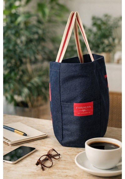 Faralya Life Mavi Kot Denim Çanta Baskılı Pamuk Bez Çanta 52x42 Cm 60 Cm Sap Uzunluğu Açık Pembe