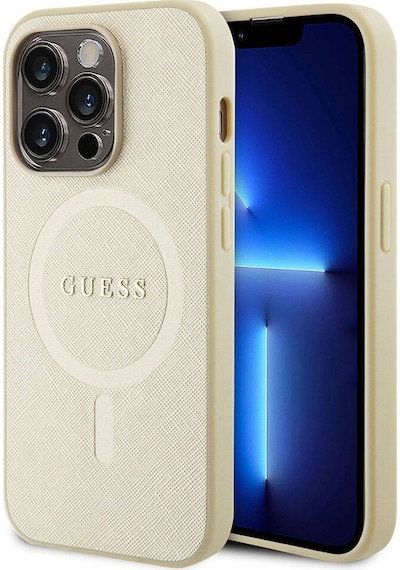 Apple Uyumlu iPhone 15 Pro Kılıf Guess Lisanslı Magsafe Şarj Özellikli Yazı Logolu Saffiano Siyah