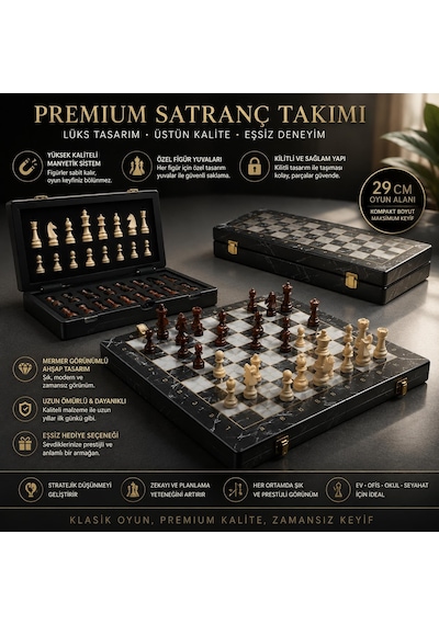 Lüks Mermer Görünümlü Ahşap Manyetik Satranç Takımı 29 Cm Katlanabilir Yuvalı Premium Satranç Seti