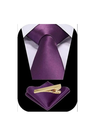 Tezzgelsin Erkek Saten Kravat Mendil Ve Gold Çelik Kravat İğne Set Mor