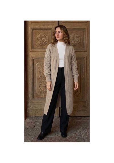 Onno Style Women Damla Kol Desen Kadın Triko Uzun Hırka Bej