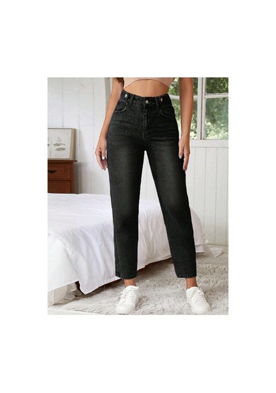 Kene Jeans Siyah Kemer Apolet Detaylı Mom Jeans Siyah