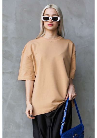 Madmext Bej Bisiklet Yaka Basic Oversize T-shirt Mg1687-bej Bej