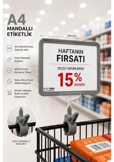 A4 Mandallı Fiyatlık Etiketlik Sepet Raf Askılık Fiyat Etiketi Çerçeveli Market Mağaza Gri