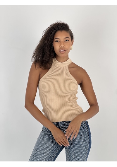 Miss Poem Kadın Boğazlı Yaka Kolsuz Fitilli Bej Crop Triko Bluz Bej