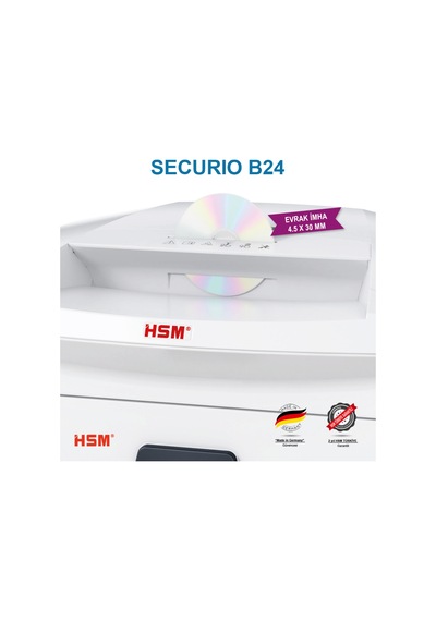 HSM SECURIO B24 - Çapraz/konfeti kesim 4,5x30 MM Evrak İmha Makinesi / Kağıt Kırpma Makinesi - CD İmha Makinesi - 35 L