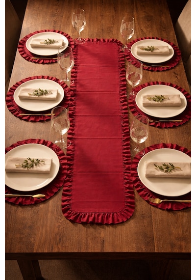 Bordo Fırfırlı Runner Ve Amerikan Servis Seti 7 Parça Şık Masa Örtüsü Takımı 120x40 Cm Bordo