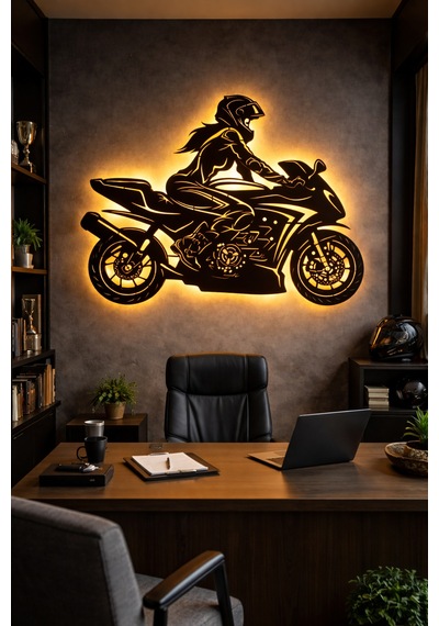 Lucenda Led Işıklı Kadın Motorcu Silüet Tablo Modern Motosiklet Duvar Dekoru Sarı - 865124191 Sarı