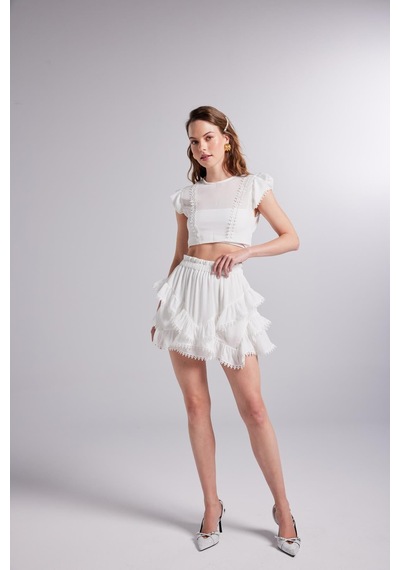 Holly Lolly Brode Detaylı Crop Pixie Bluz Beyaz