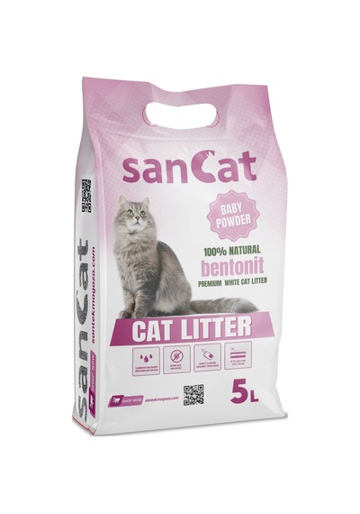 Sancat Premium Bebek Pudrası Kokulu Topaklaşan Beyaz Bentonit Kedi Kumu 5 L